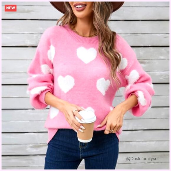 Oversized Heart Print Sweater Knitted Pullover Long Sleeve Valentine's Day Chic - Picture 5 of 6